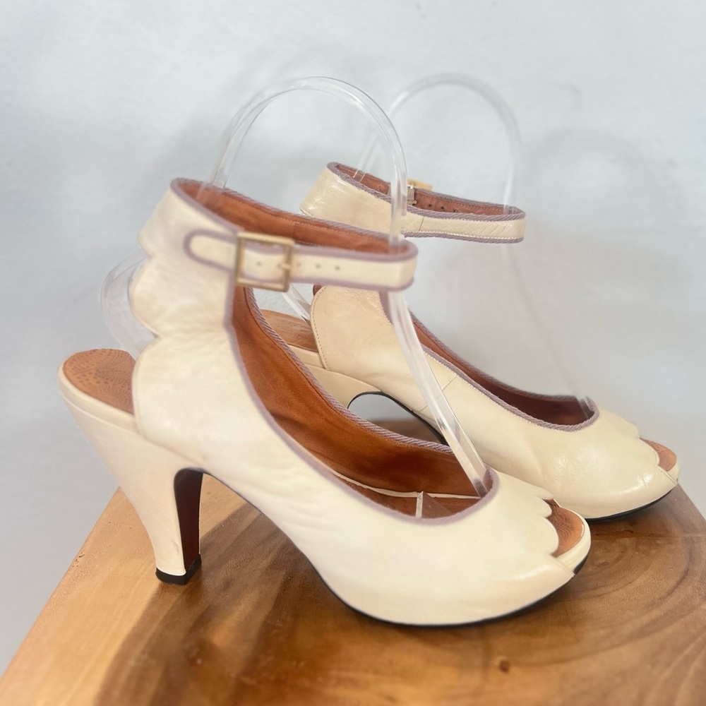 CHIE MIHARA “Bessy” Ivory Cream Platform Ankle Strap Peep Toe High Heels 38.5 - Picture 2 of 16